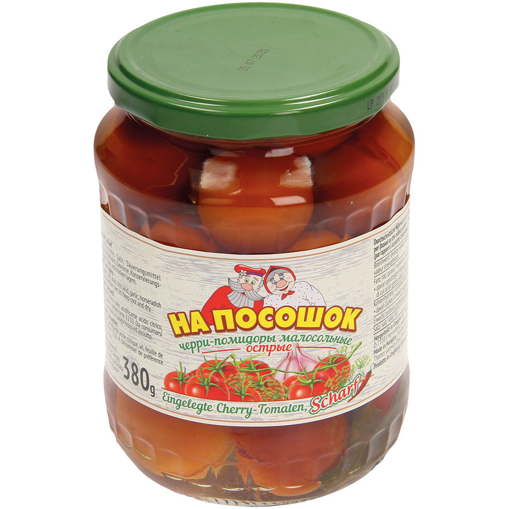 Ingelegde cherrytomaten "Na pososchok", pittig.