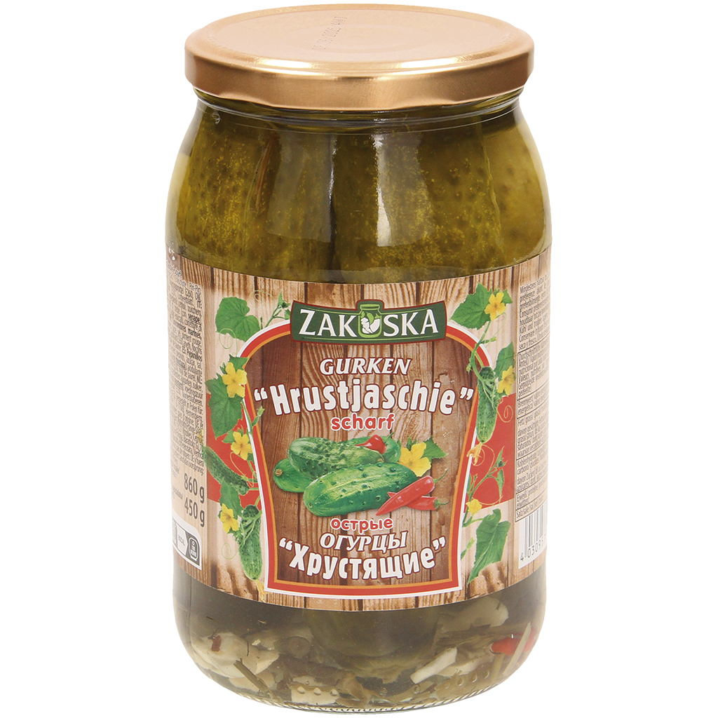 Ingelegde komkommers "Hrustjaschie", pittig