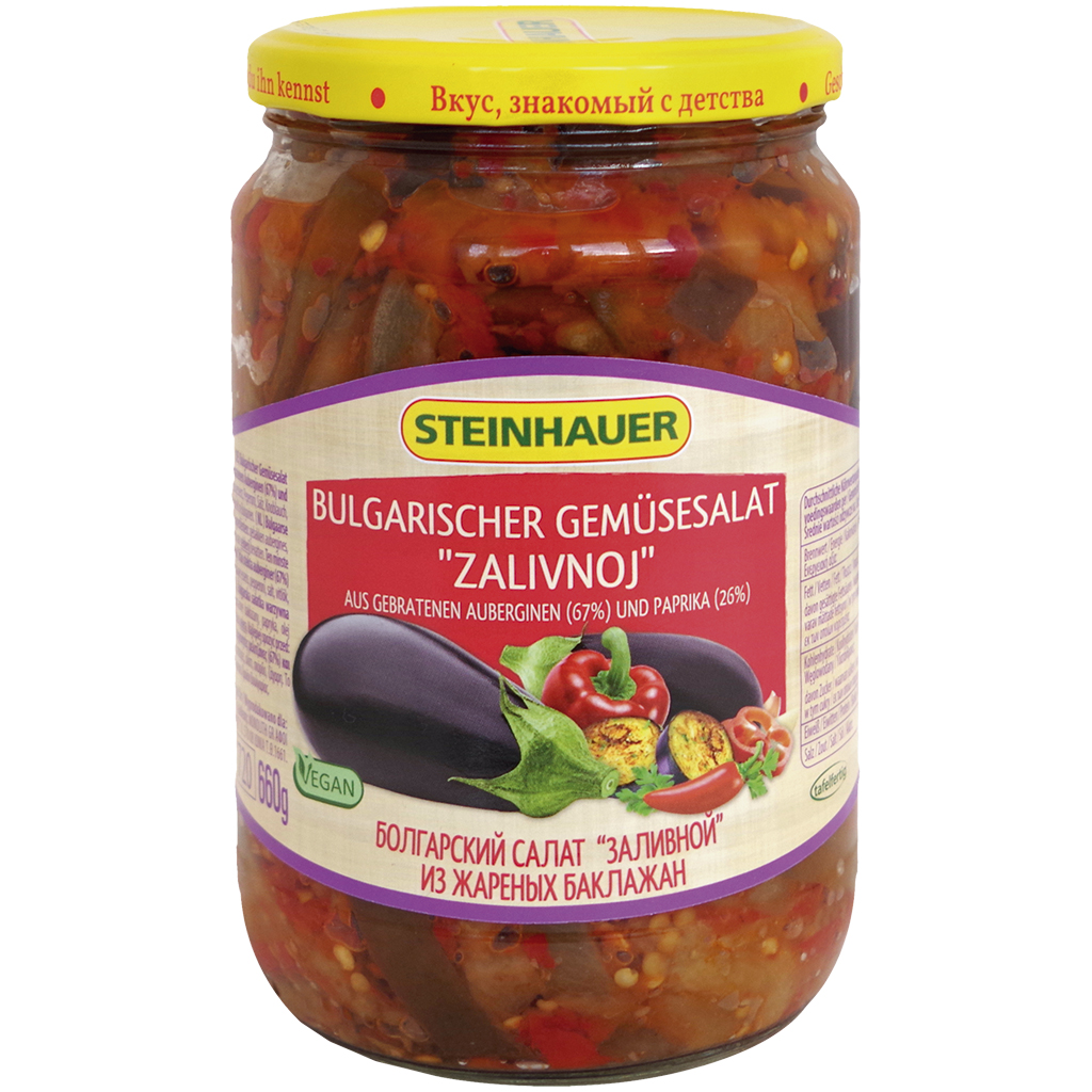Bulgaars groentesalade Zalivnoj van gebakken aubergines (67%