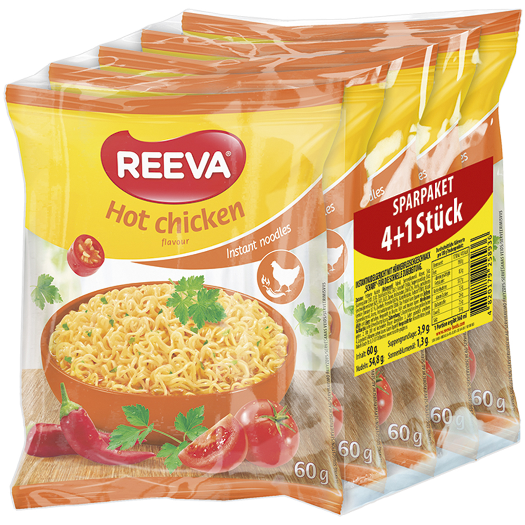 Sparpakket 4+1 Gratis "Reeva" Instantnoedelgerecht met kippenvleessmaak pittig - voor de snelle bereiding.