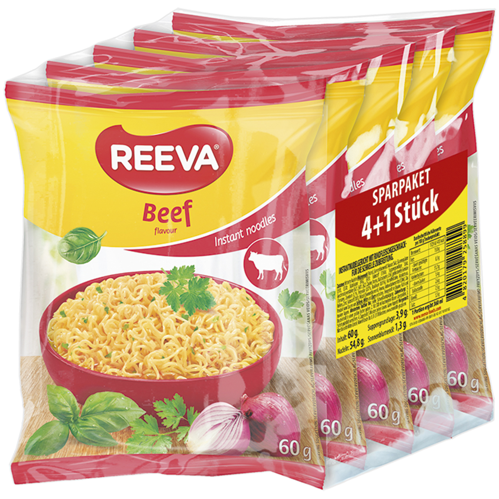 Spaarpakket 4+1 gratis "Reeva" instantnoedelgerecht met rund