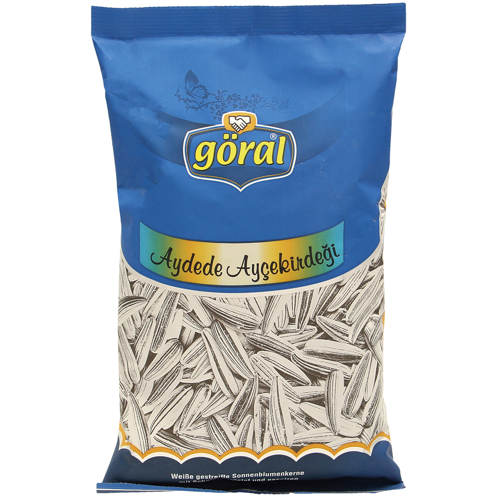 Witte gestreepte zonnebloempitten met schil, geroosterd en gezouten. Met stabilisator gom arabicum.