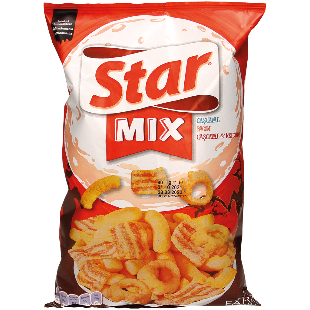 Snack-mix van maissnack met kaassmaak, maissnack met kaas- e