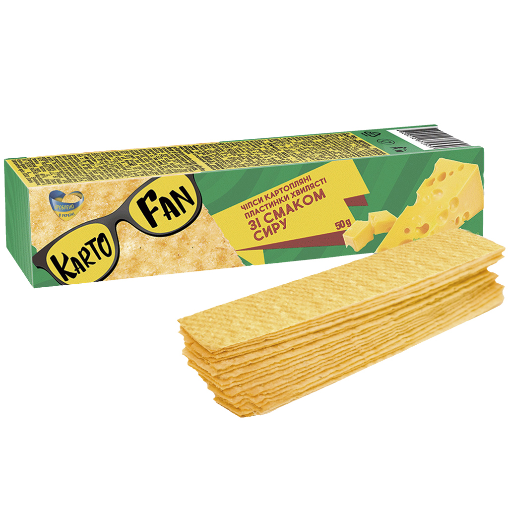 KARTOFAN Stapelchips van aardappelen, in reepvorm, met kaassmaak.