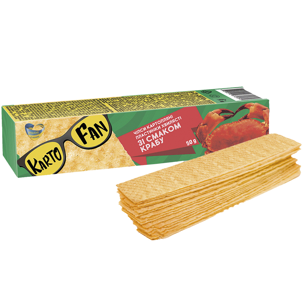 KARTOFAN Stapelchips van aardappelen, in reepvorm, met garnalensmaak.