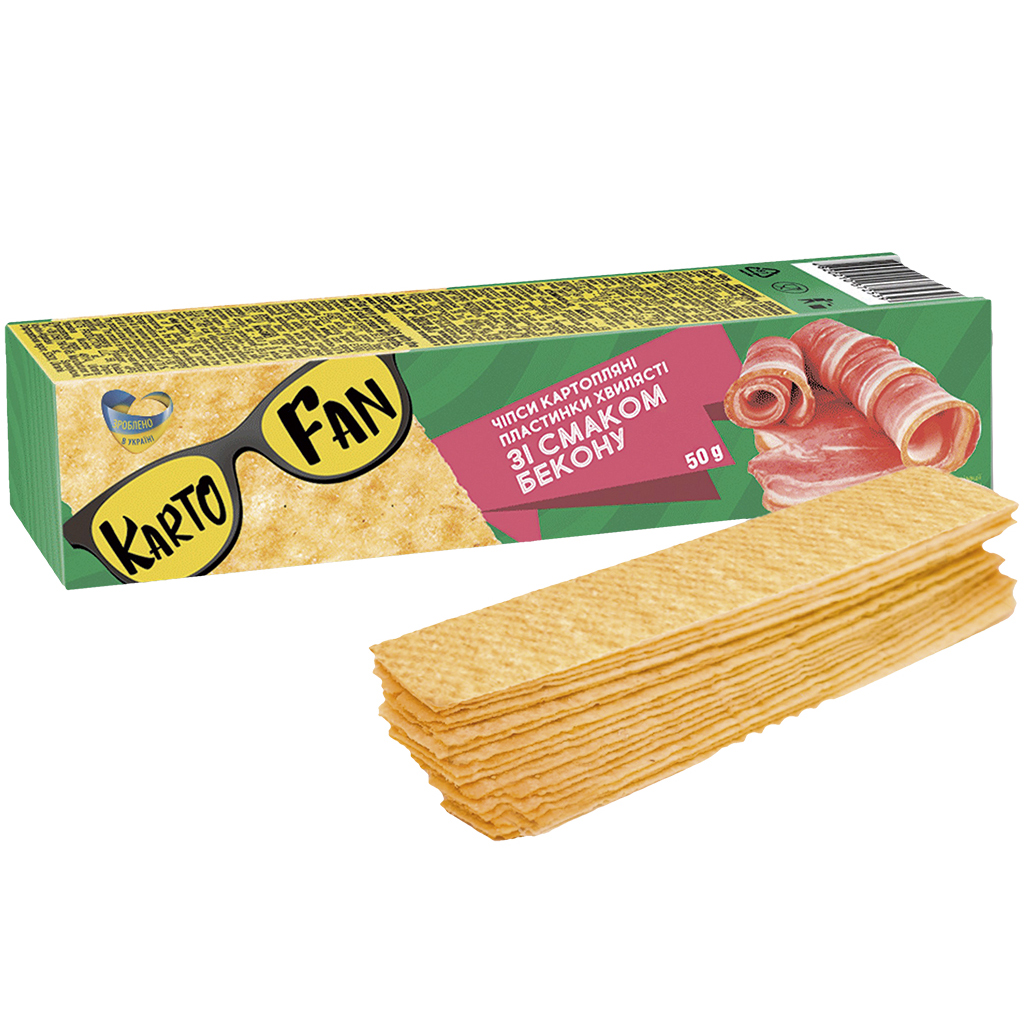 KARTOFAN Stapelchips van aardappelen, in reepvorm, met baconsmaak.