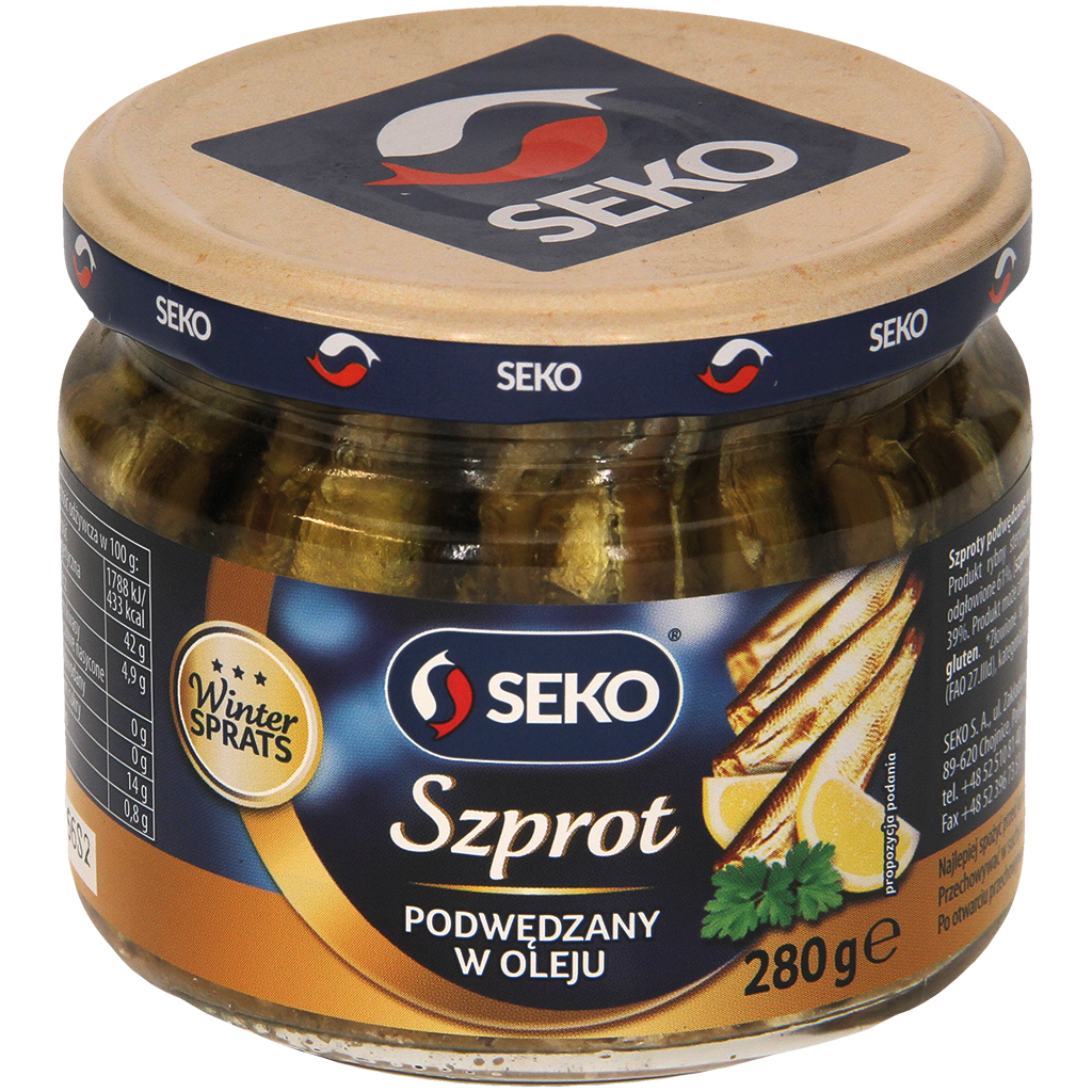 Seko Gerookte sprotten in raapolie, gezouten.