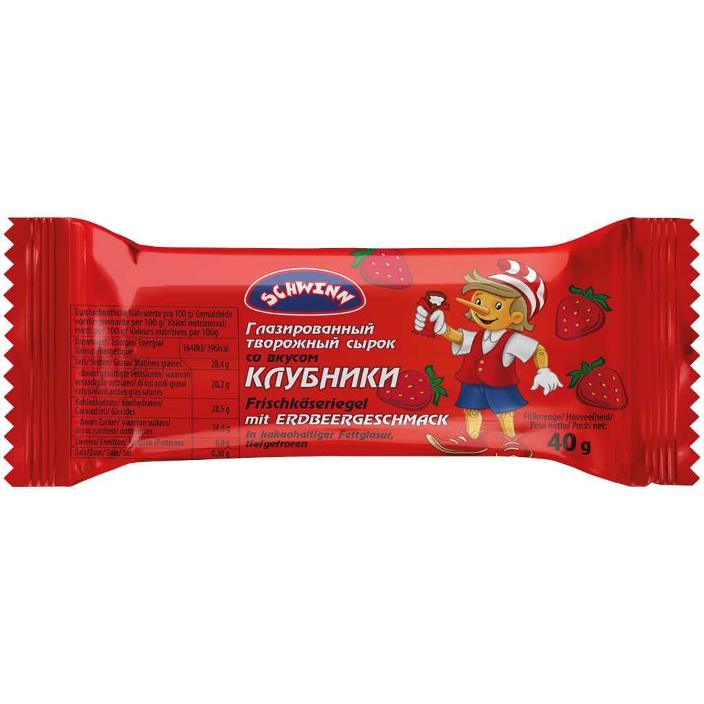 Roomkaas reep met aardbeiensmaak, in cacaovetglazuur