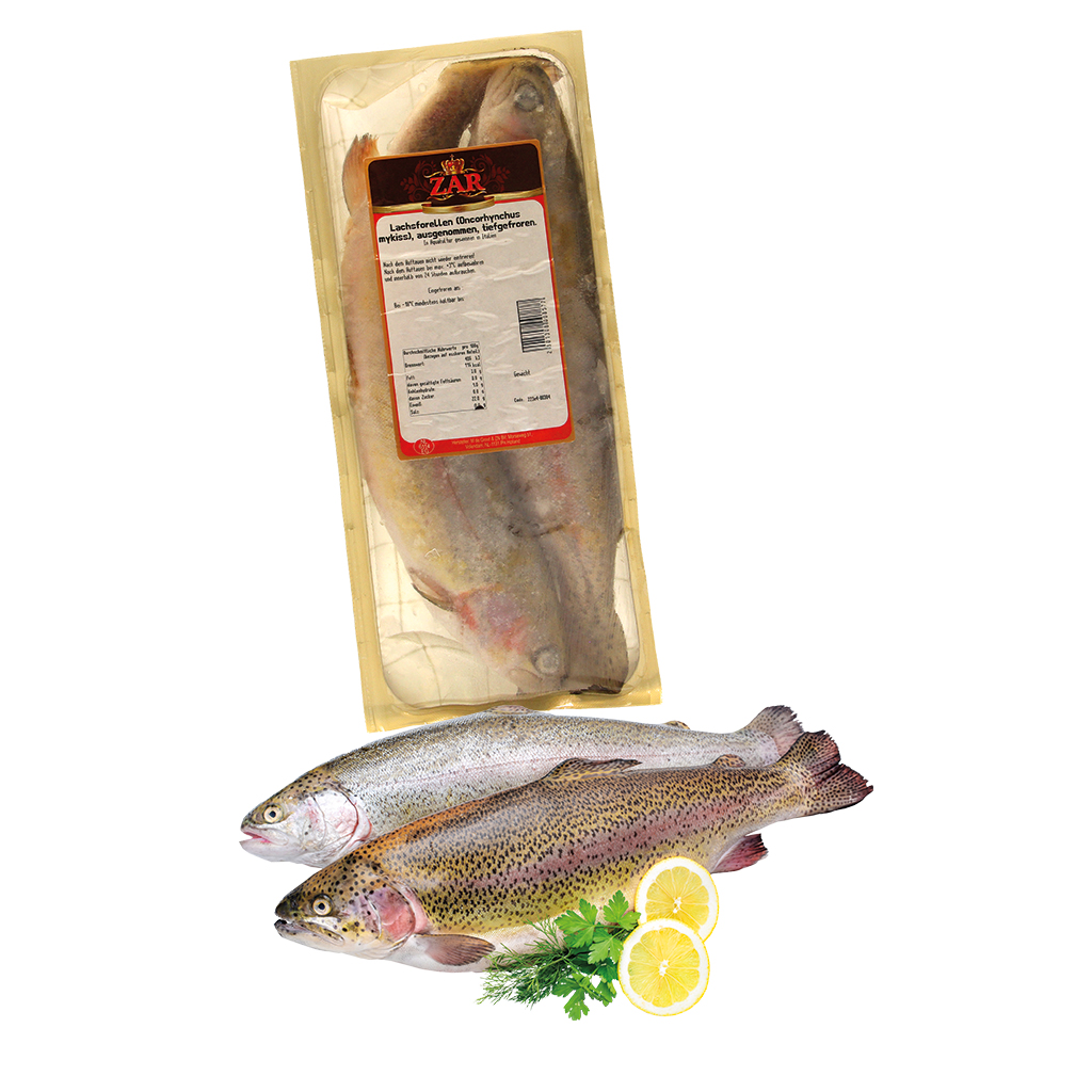 Zalmforel (Oncorhynchus mykiss), zonder ingewanden, diepgevr