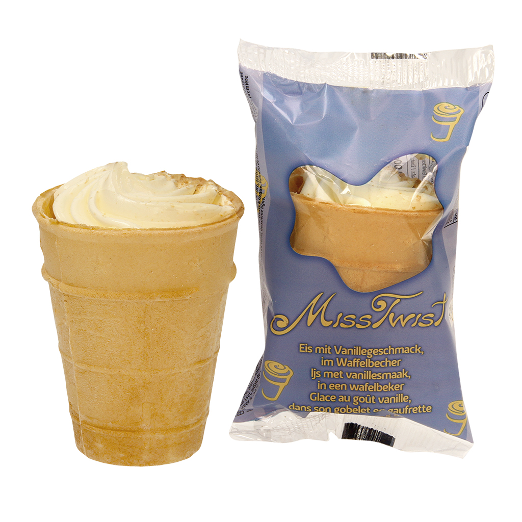 IJs "Miss Twist" met vanillesmaak, in een wafelbekertje.