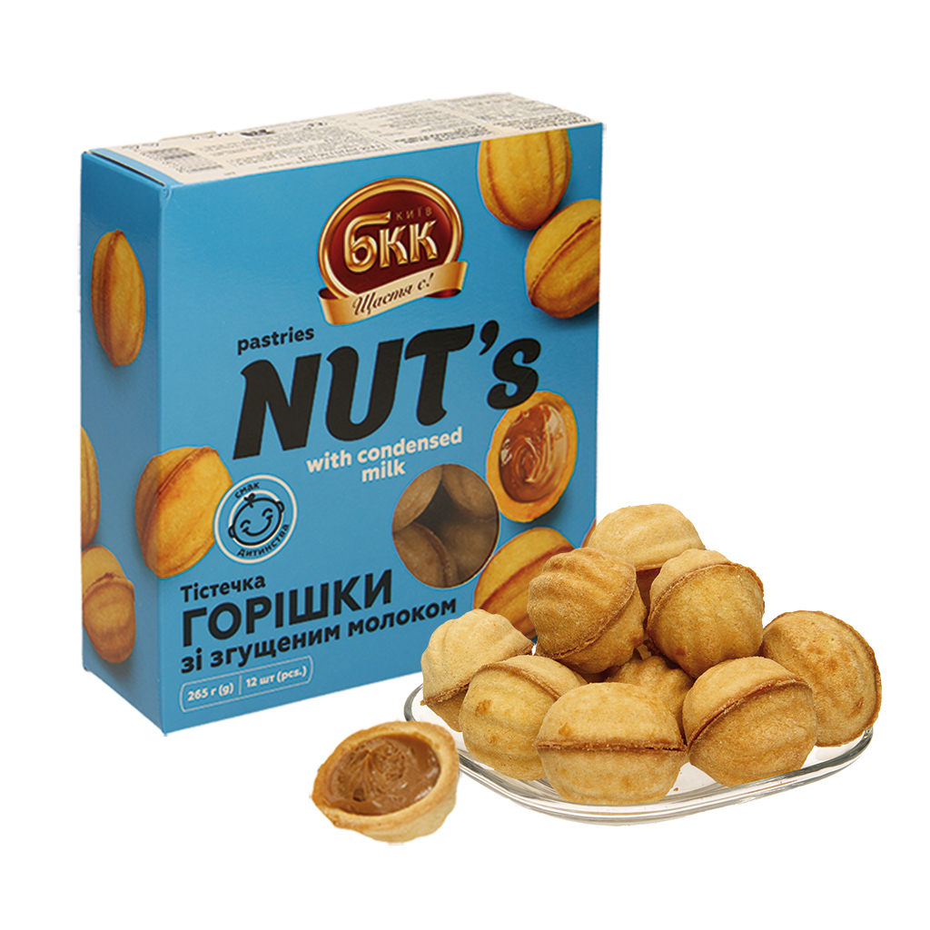 "Oreshki" Fijngebak in walnootvorm met 52,5% vulling van gezoet gekarameliseerd gecondenseerd melkproduct, diepgevroren
