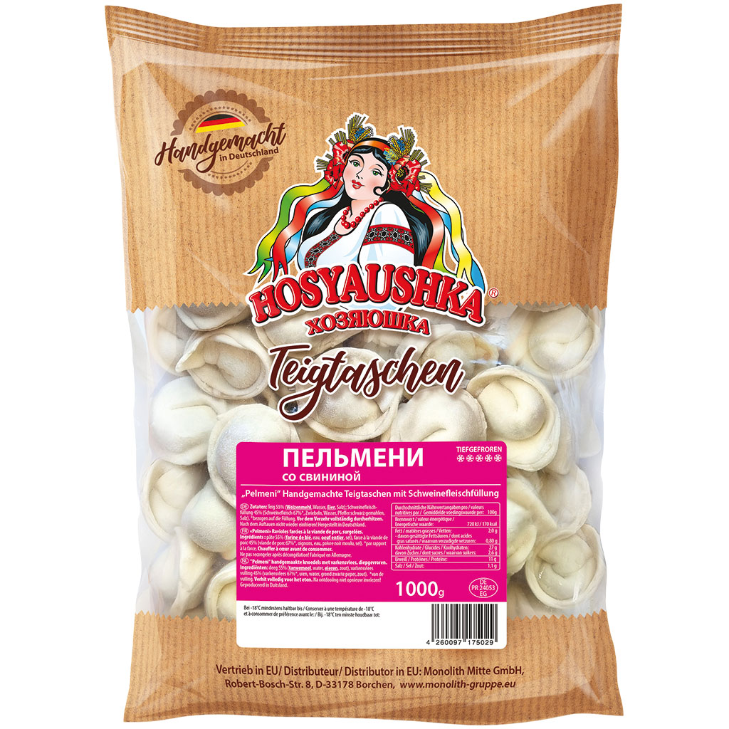 Handgemaakte deegwaren met varkensvleesvulling "Pelmeni", diepgevroren
