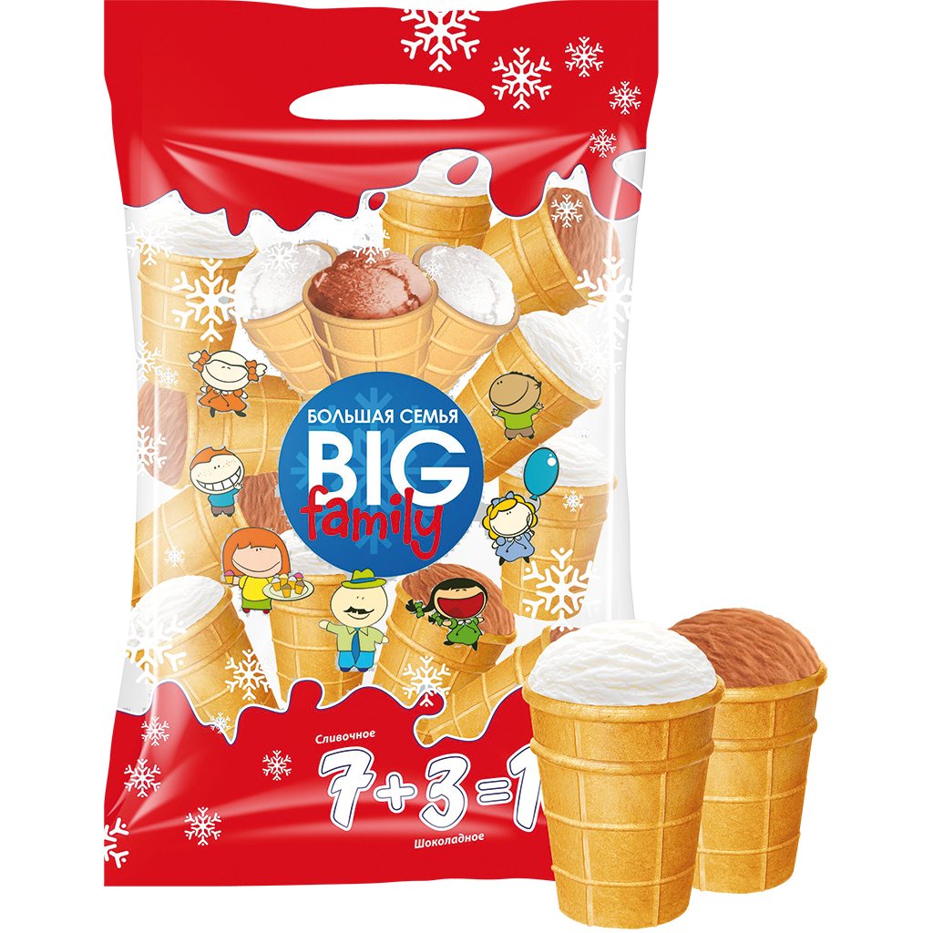 IJs "Big Family" (vanillesmaak 7 x 120 ml en chocolade 3 x 120 ml) in een wafelbekertje