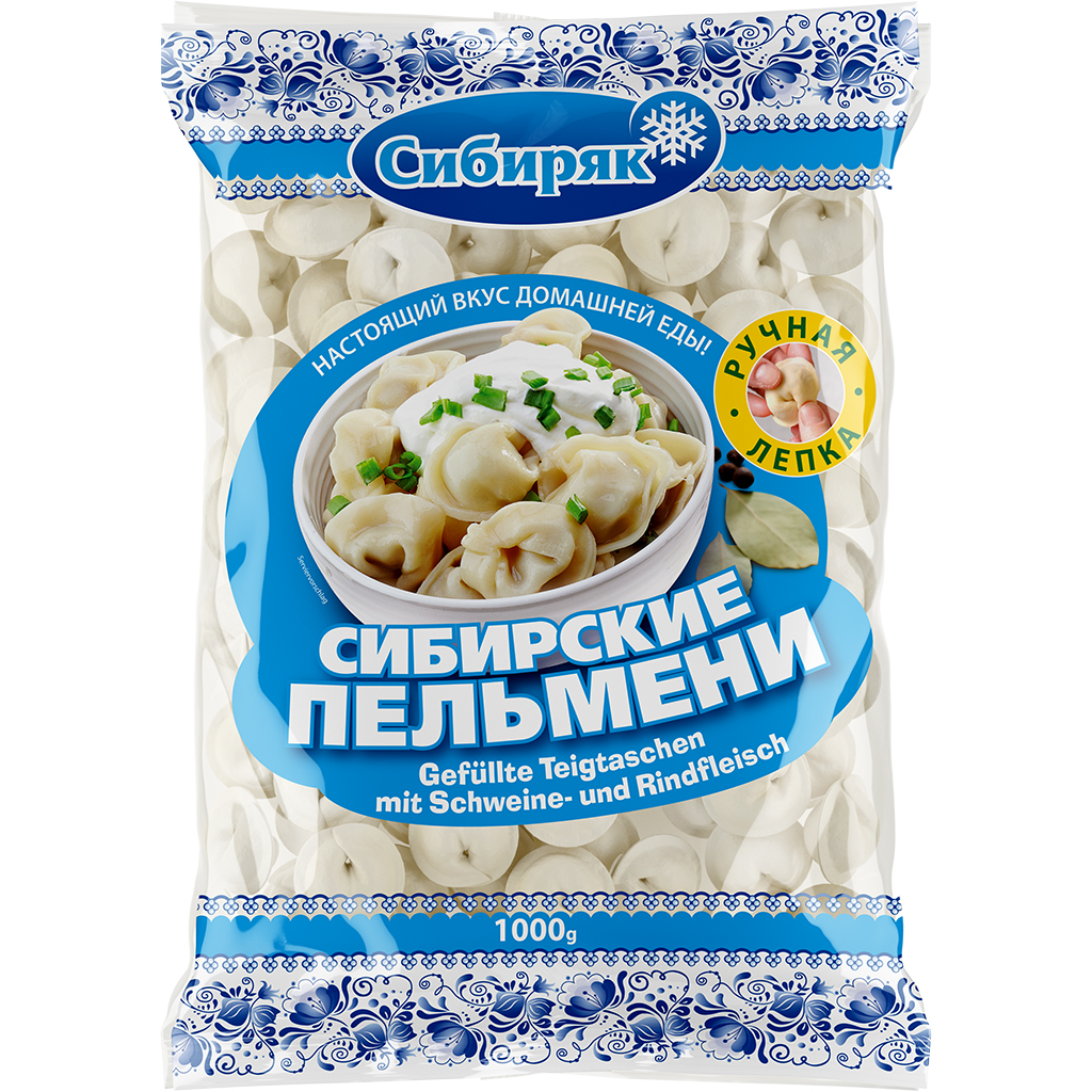 Пельмени по-сибирски, ручной лепки, со свининой и говядиной, замороженные.