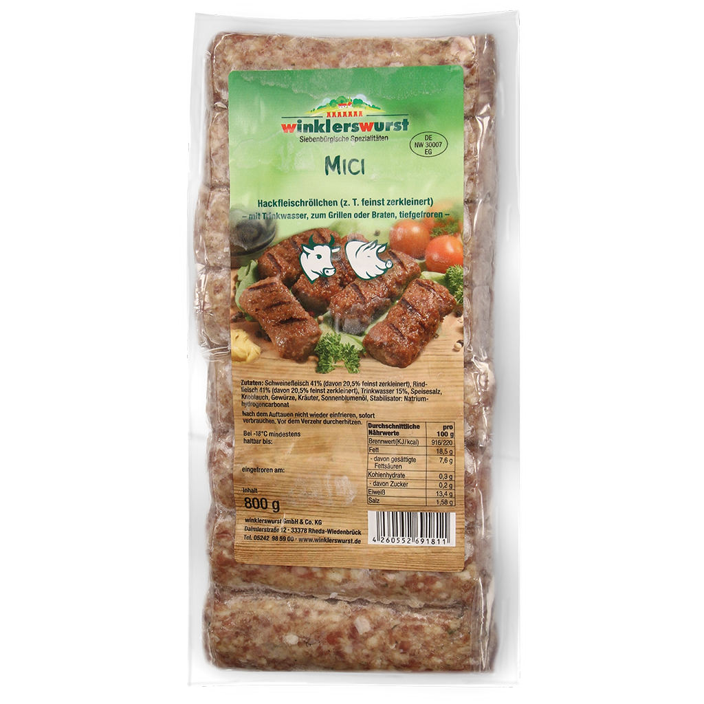 Mici - Gehaktrolletjes van varkens- en rundvlees (deels fijngehakt), met drinkwater, om te grillen of te bakken, diepgevroren