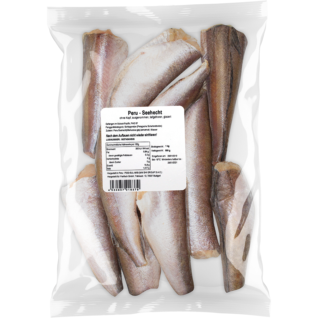 Peruaanse snoekbaars (Merluccius gayi) zonder hoofd, geglazu