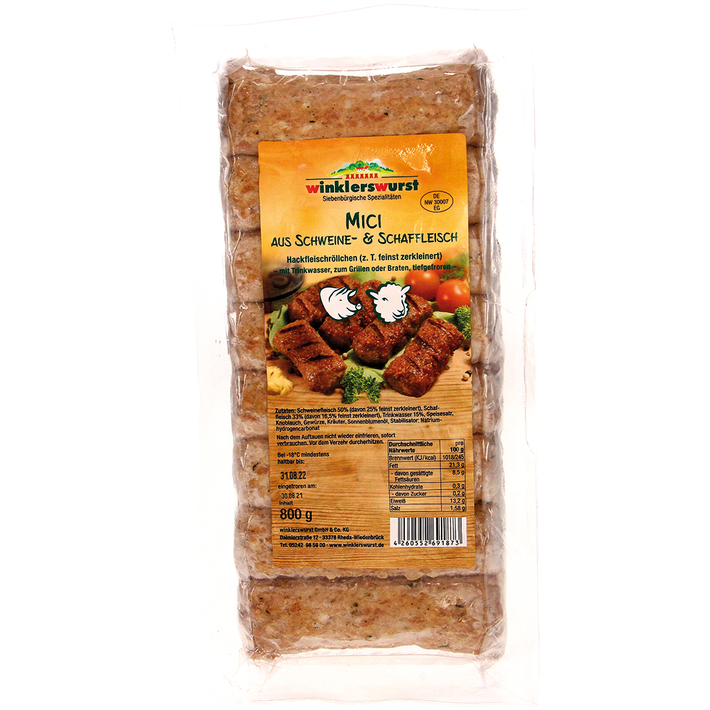 Mici van varkens- en lamsvlees, gehaktrolletjes (deels fijngehakt) met drinkwater, om te grillen of te bakken, diepgevroren