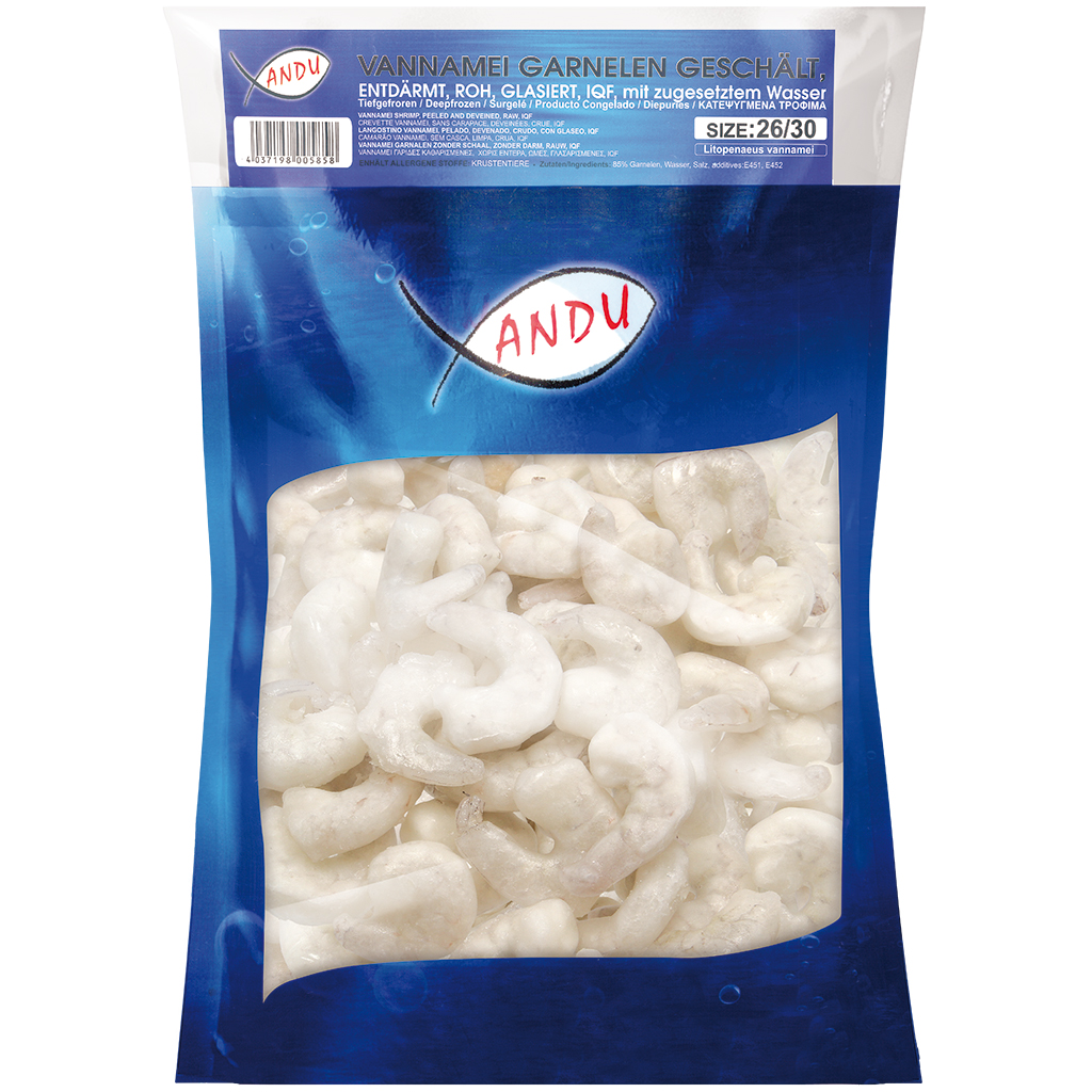 Vannamei Garnalen (Litopenaeus vannamei) gepeld, ontdarmd, rauw, geglazuurd, IQF, met toegevoegd water, diepgevroren 26/30