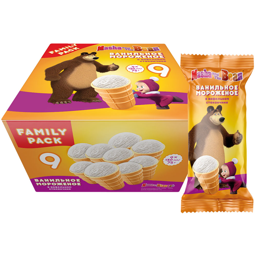 IJs met vanillesmaak "Masha en de Beer" in een wafelbekertje 9x130ml
