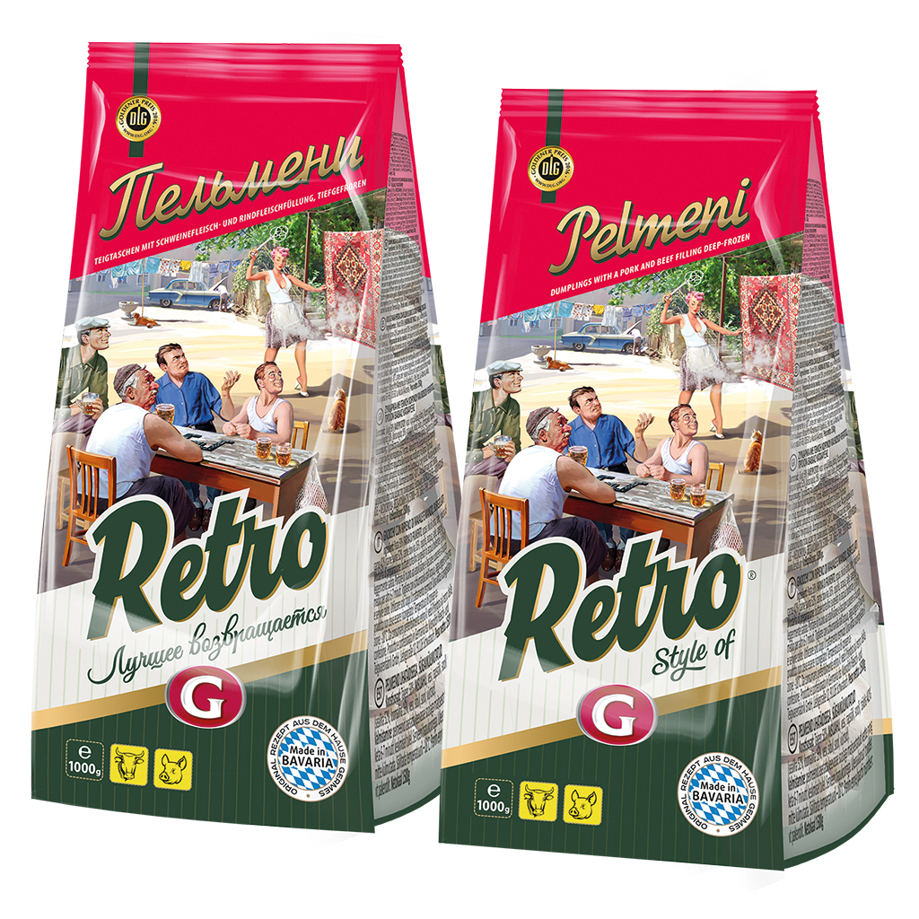 Deegwaren "RETRO - Pelmeni 1000g" met varkensvlees- en rundvleesvulling, diepgevroren