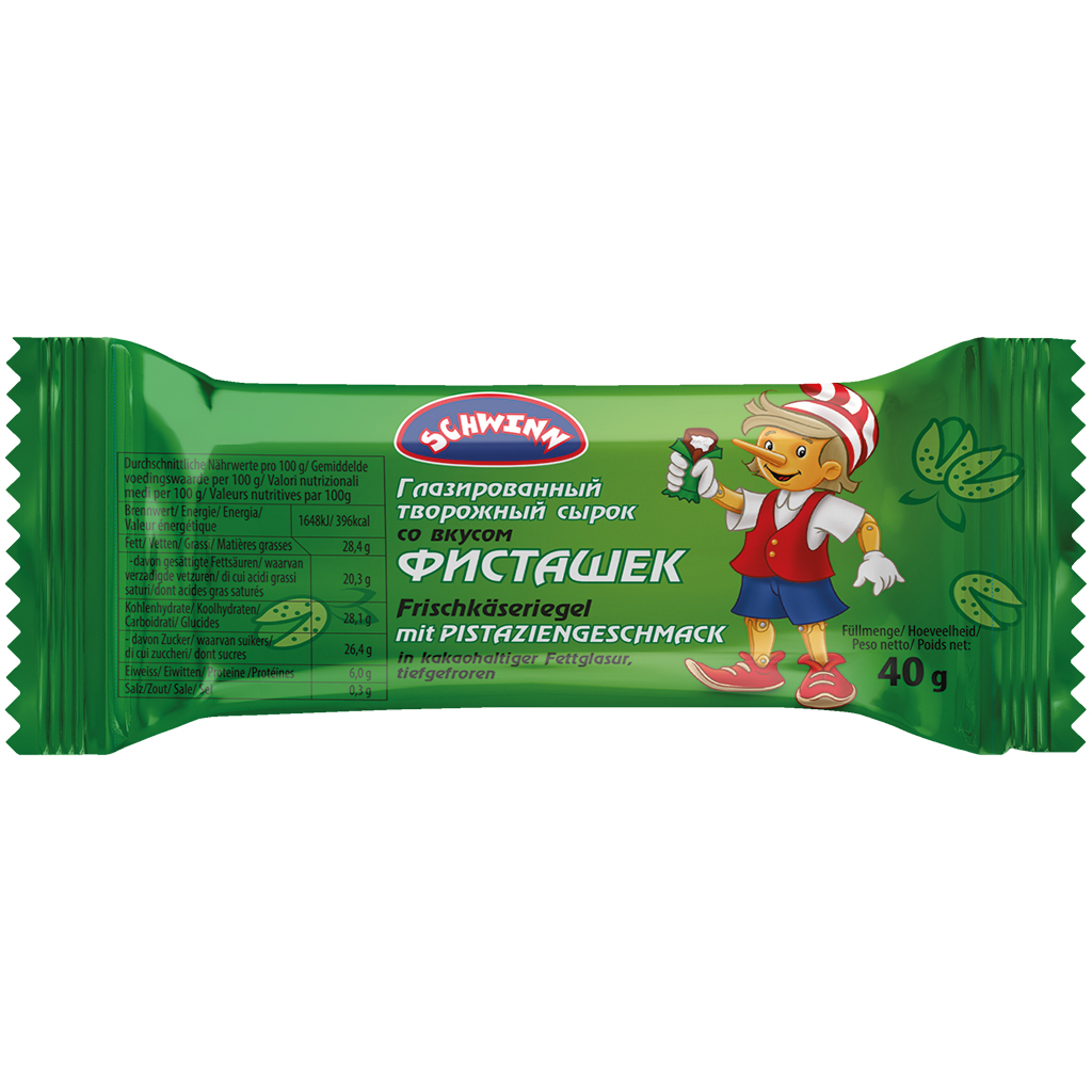 Frischkäseriegel met pistache-smaak in cacao-vetglazuur, diepgevroren