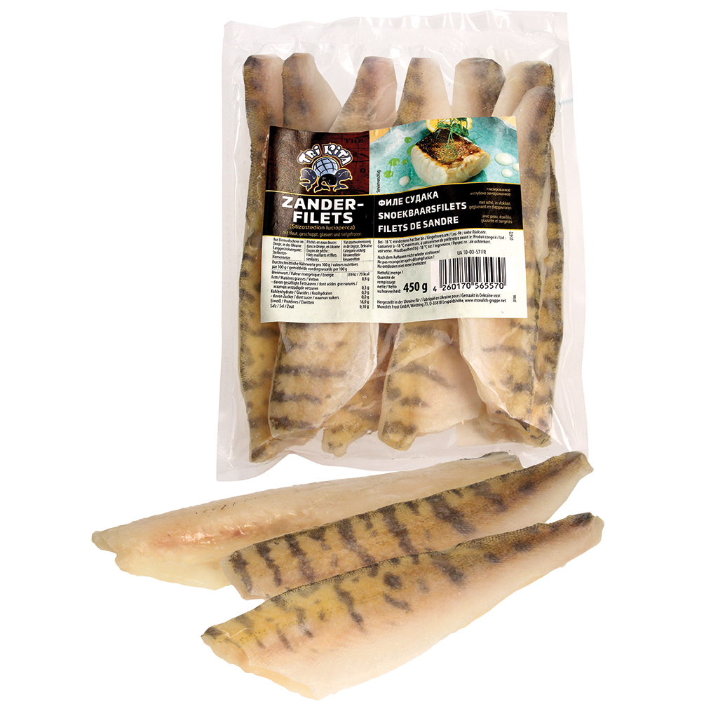 Филе судака (Stizostedion lucioperca), с кожей, обшкуренное, глазированное и глубоко замороженное.