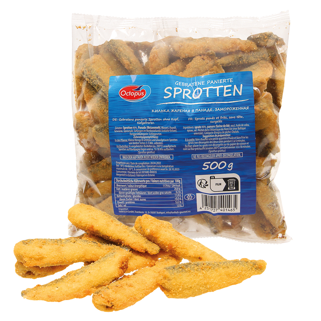 Gebakken gepaneerde sprot zonder hoofd, diepgevroren