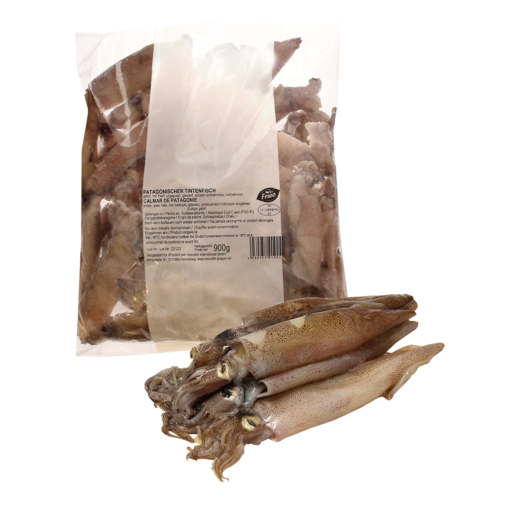 Патагонский кальмар, целый, с головой, не очищенный, глазиро