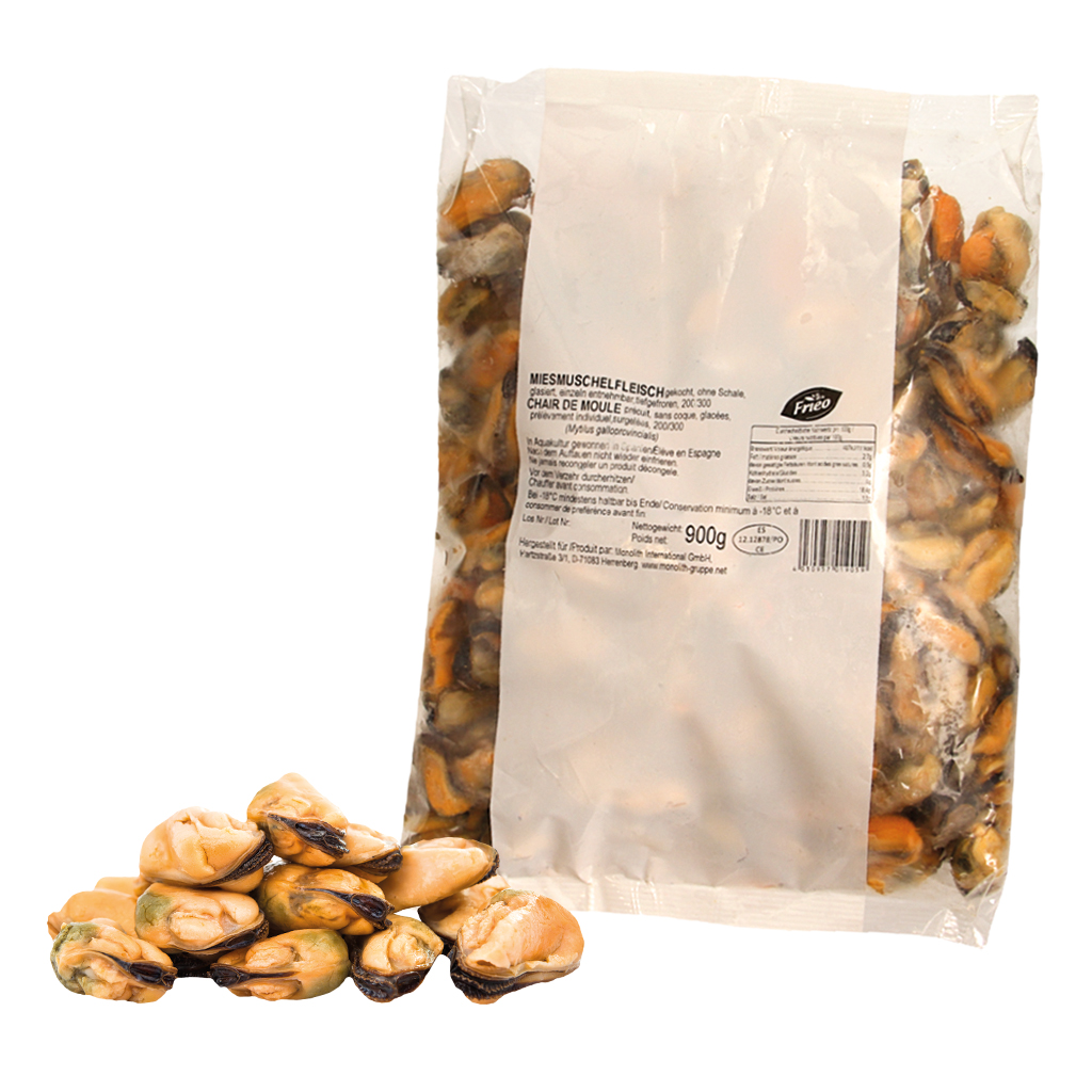 Mosselvlees, gekookt, zonder schelp, geglazuurd