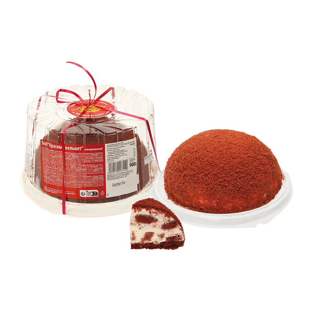 Dome taart "Red Velvet" met 24% roomkaas en 24% witte crème,