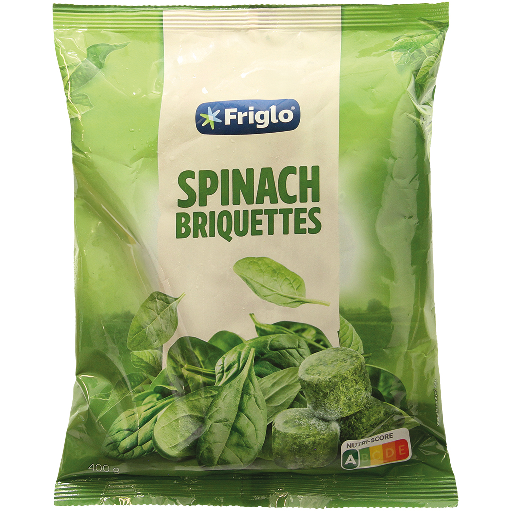 Spinazie, gehakt, in blokjes, diepgevroren.