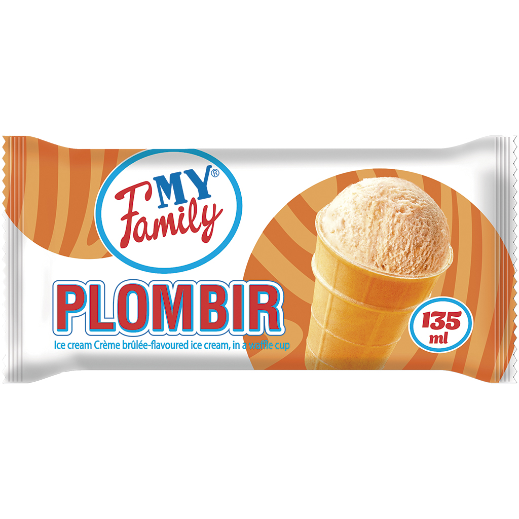 "MY FAMILY" ijs met crème brûlée-smaak in een wafelbekertje.