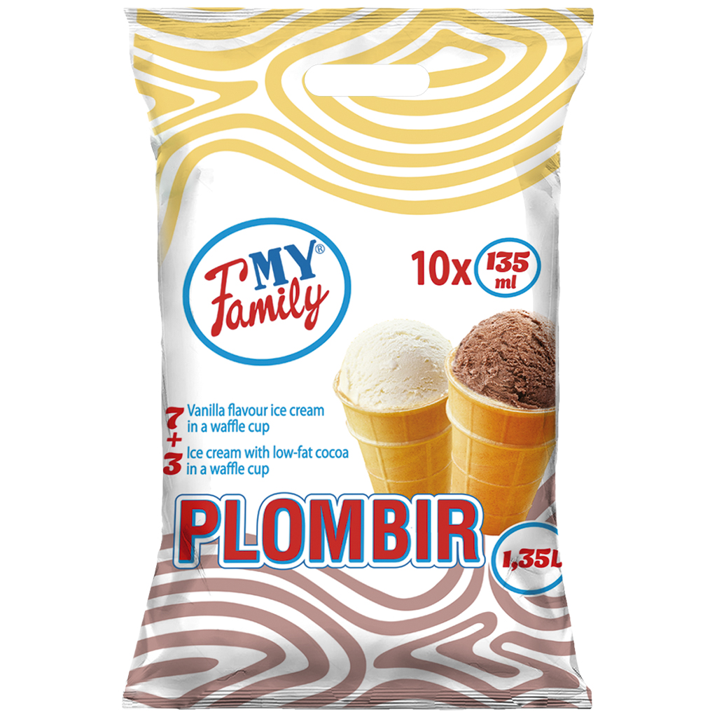 "MIJN FAMILIE" Mix van roomijs met vanillesmaak in een wafelbekertje (7x 135ml) en roomijs met magere cacao, in een wafelbekertje (3x 135ml)