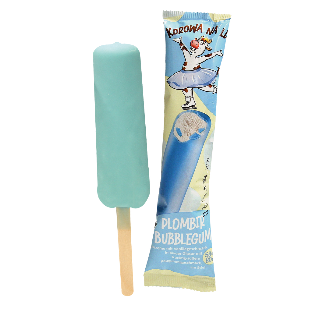 Plombir Bubblegum ijs met vanillesmaak in blauwe glazuur met fruitig-zoete kauwgummismaak, aan een stokje