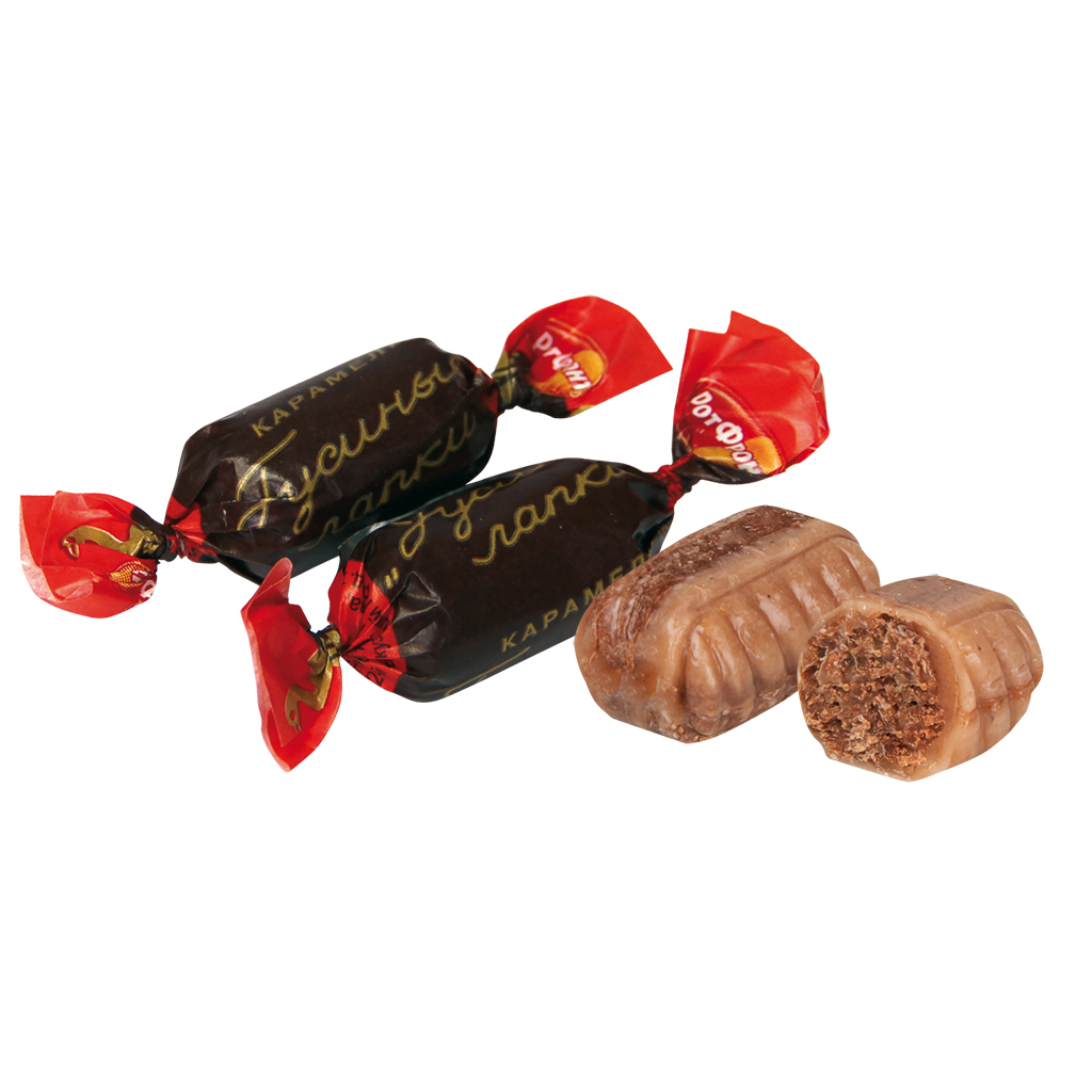 Karamellen "Gusinye lapki" met 28% cacao- en amandelhoudende vulling