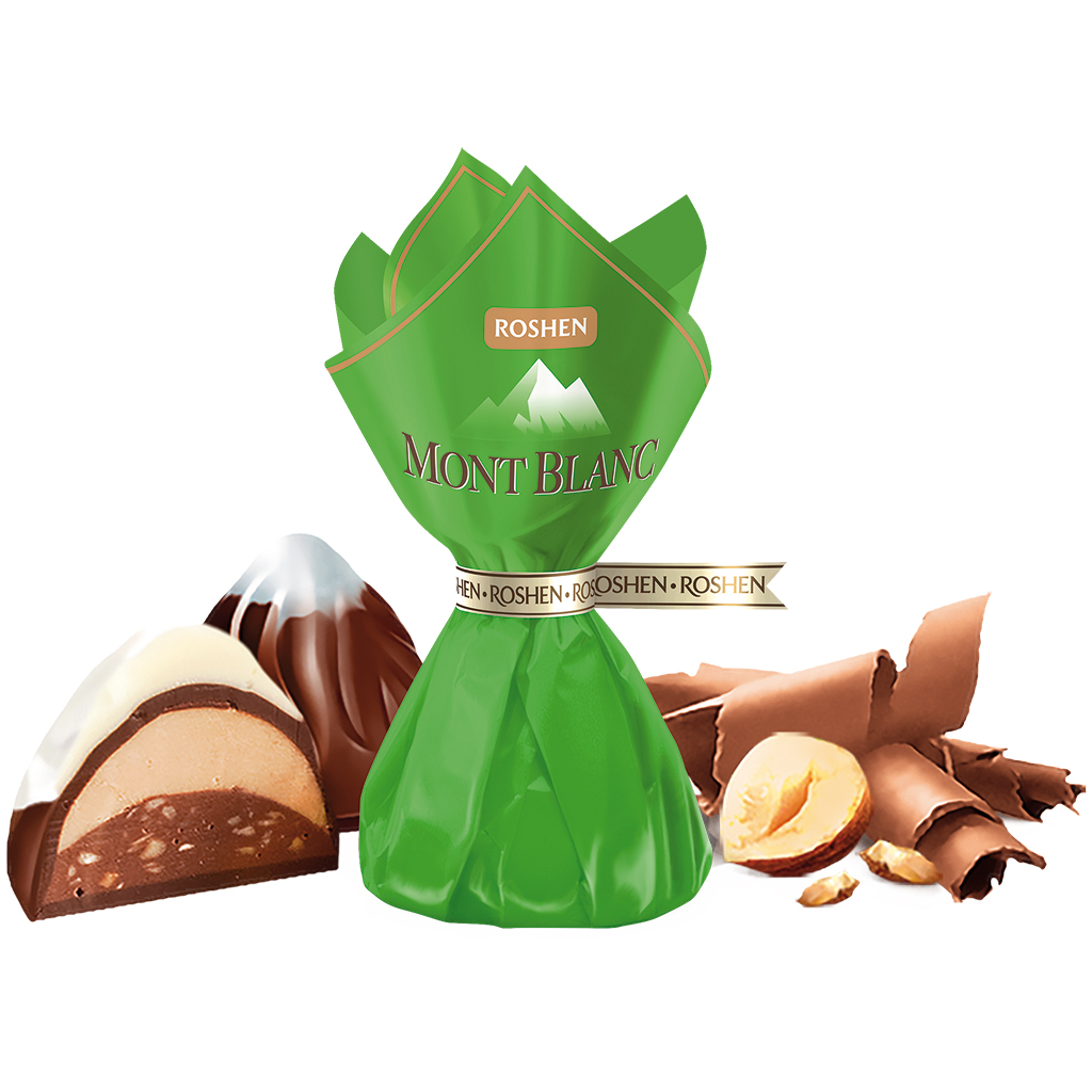 Konfekt "Monblan" met roomvulling (24%) met gehakte en gemalen hazelnoten, versierd met witte chocolade (9%)