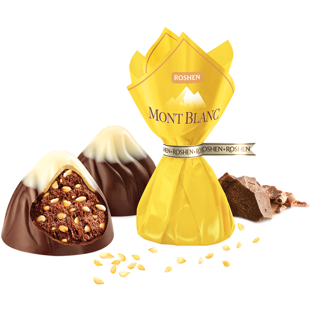 Konfekt "Monblan" met sesam (5,7%) en chocolade (19,7%), versierd met witte vetglazuur (9%)