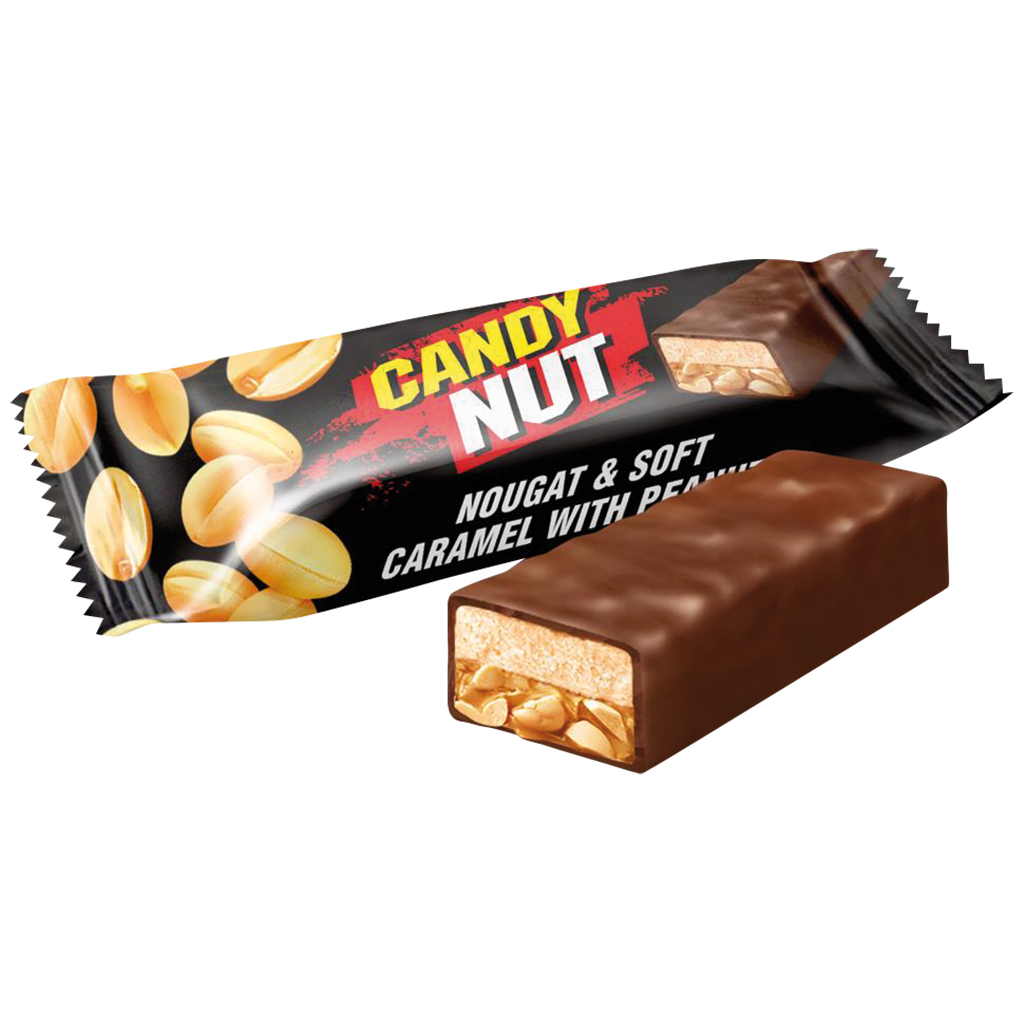 Konfekt "Candy Nut" met witte nougat (33%), zachte karamel (30%) en hele pinda's (17%) in cacaohoudende vetglazuur (20%)