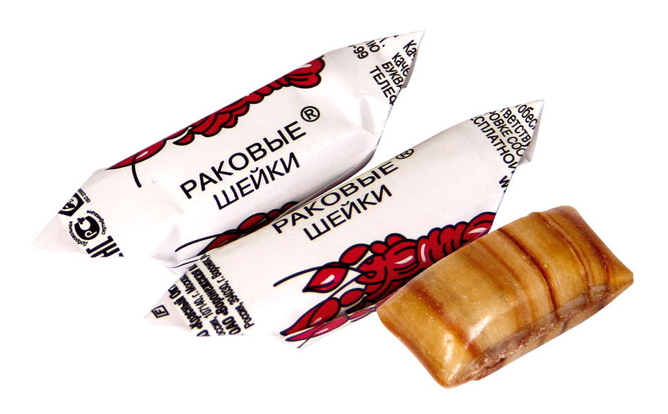Karamel "Rakovye shejki" met cacao- en amandelvulling 30%