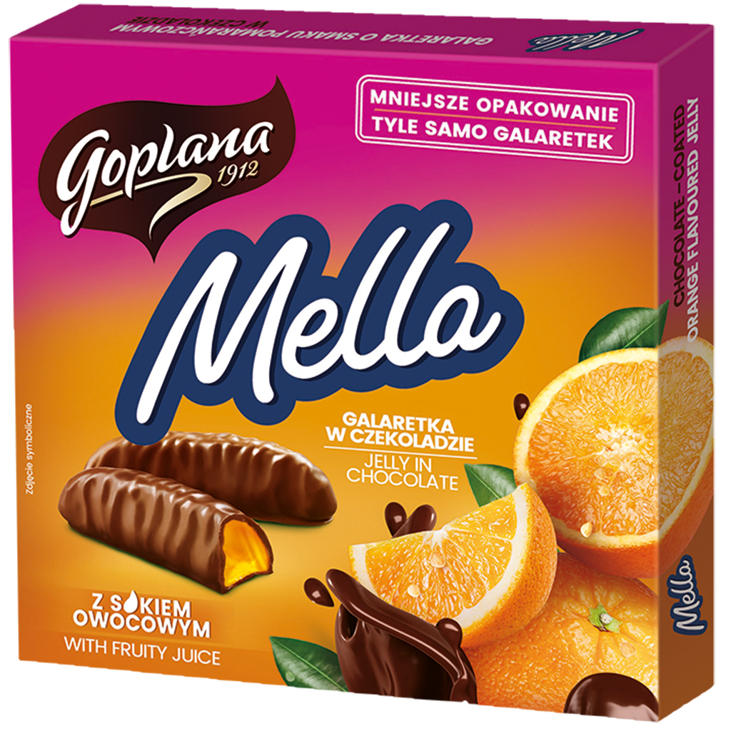 Geleekonfekt "Mella" met sinaasappelsmaak omhuld met chocolade.