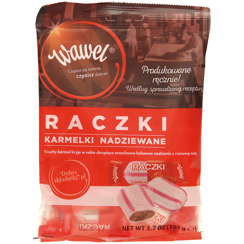 Karamel met pinda vulling (30%) met cacao-rum smaak "Raczki"