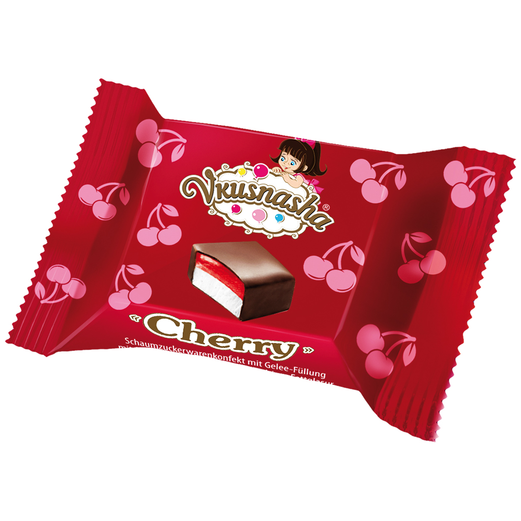 Schuimsuikerwarenconfekt "Vkusnasha Cherry" met gelei-vulling met kersensmaak in cacaohoudende vetglazuur