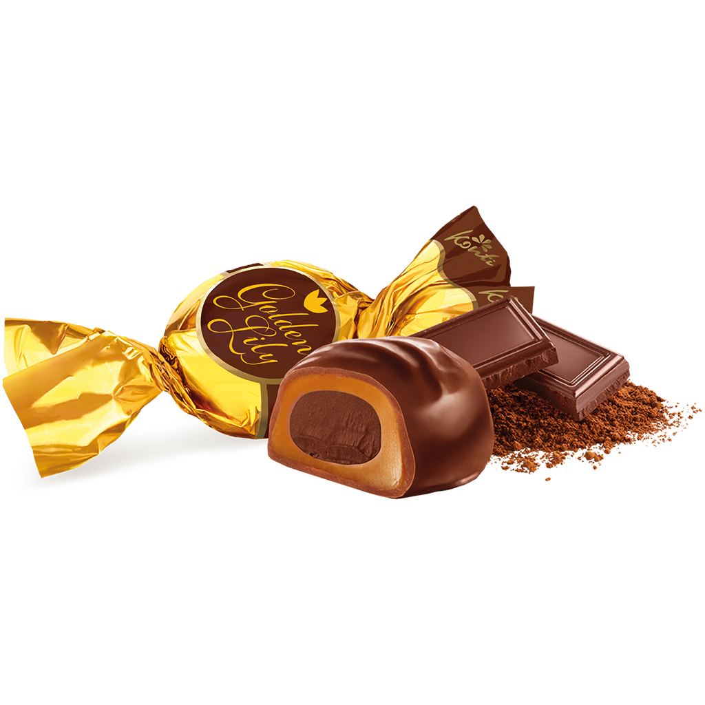 Toffikonfekt "Gouden Lelie" met een vulling met chocoladesmaak (21,8%) in chocoladeachtige vetglazuur (22%)