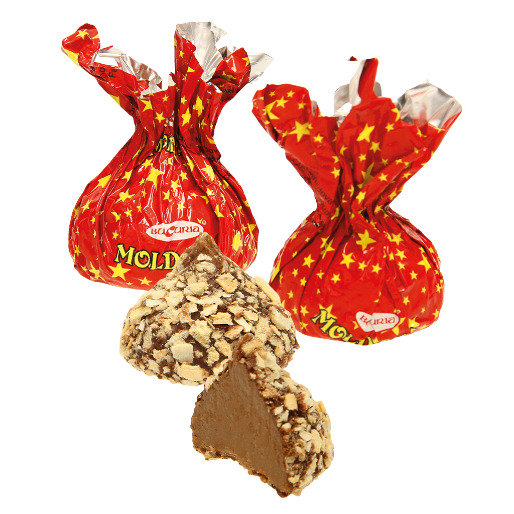 "Moldova" Confetti met pinda's en wafelbrokjes, in cacaovetglazuur, bestrooid met wafelbrokjes.