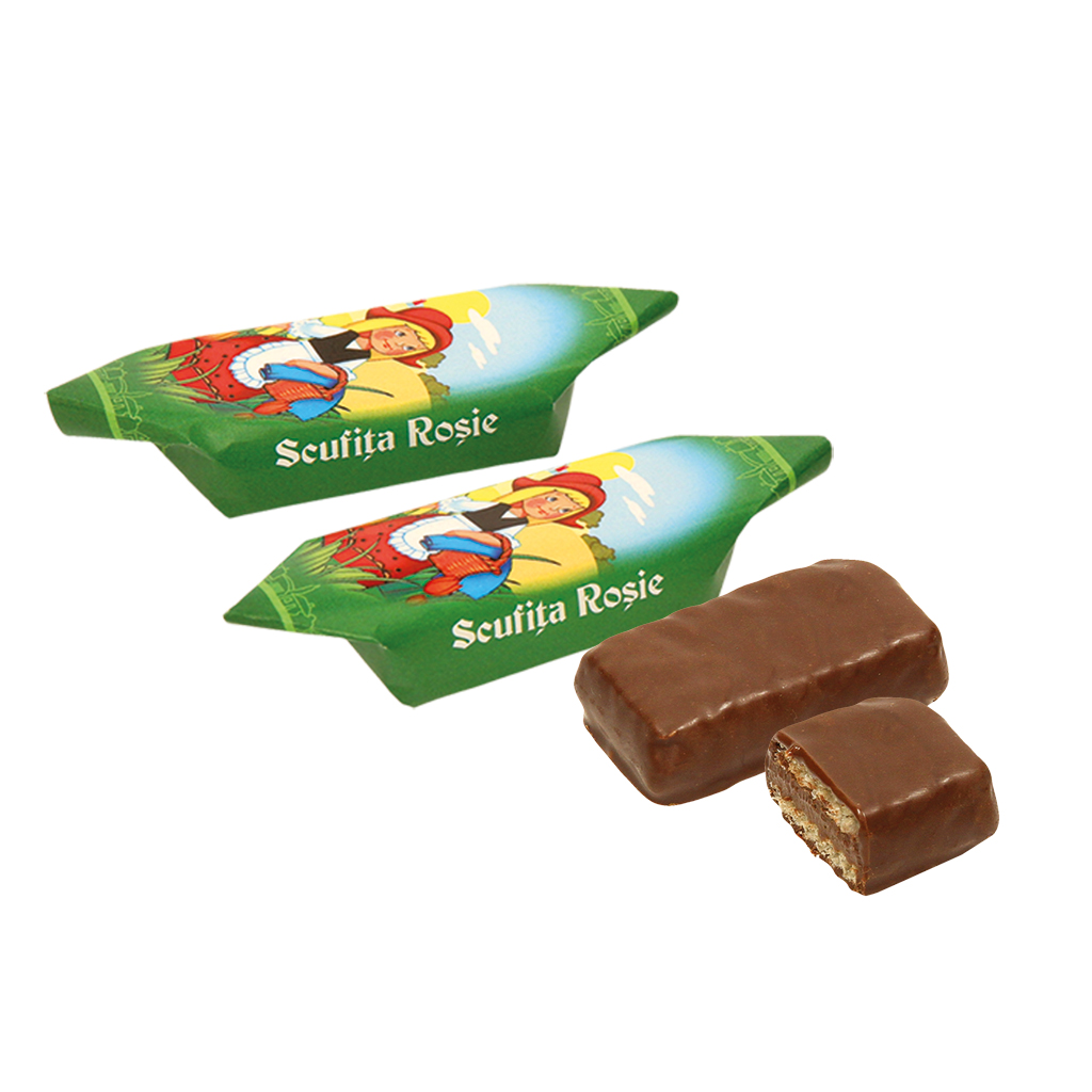 "Scufita Rosie" Wafelreep in cacao-vetglazuur, met pinda's en wafelbrokjes 6%