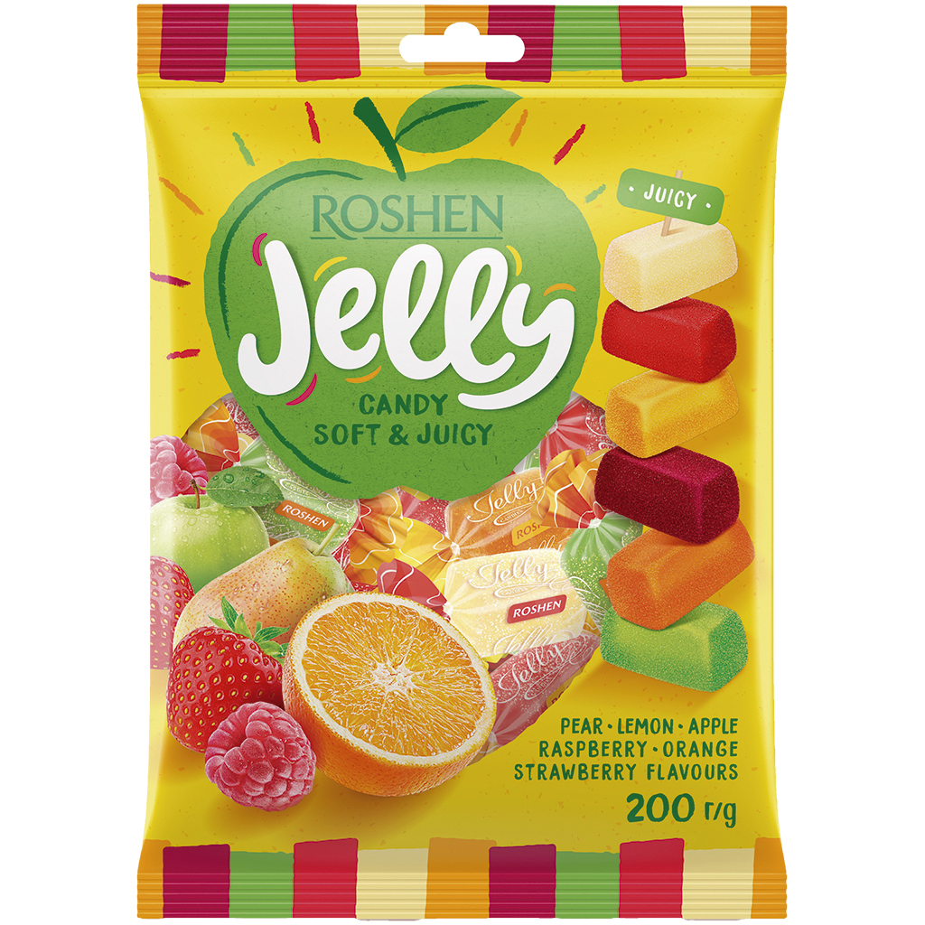 "Jelly" Geleekonfektmix met appel-, aardbei-, framboos-, citroen-, sinaasappel- en perensmaak