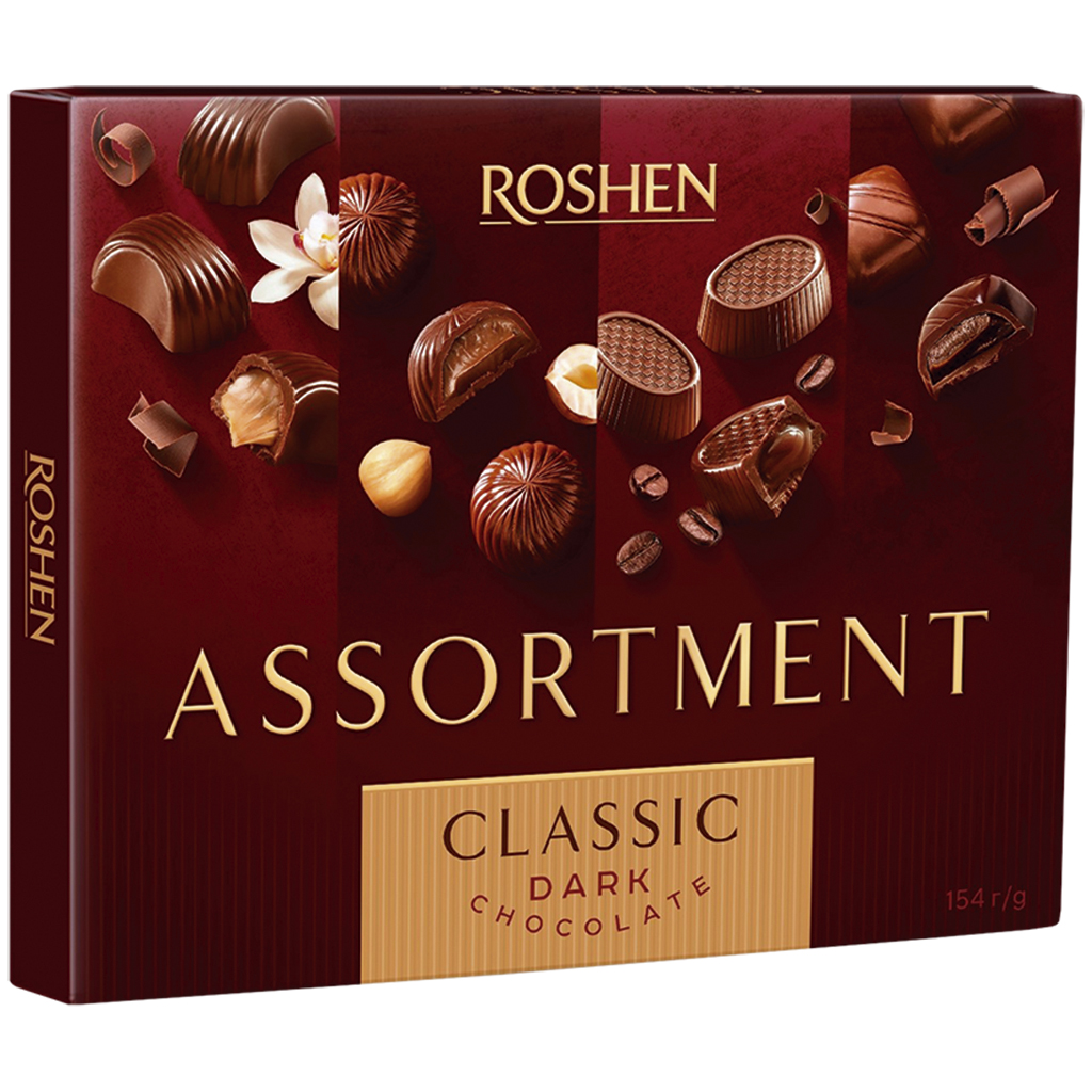 "Assortiment Classic" Confiseriemix van chocoladeconfiserie met verschillende vullingen. Bevat alcohol.