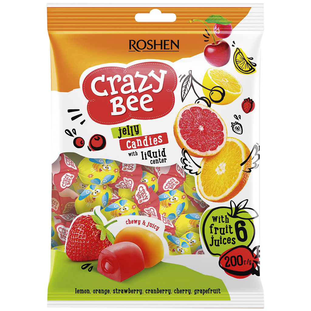 "Crazy Bee Fruity" Конфеты желейные c начинкой со вкусами: клубника, клюква, вишня, грейпфрут, лимон, апельсин.