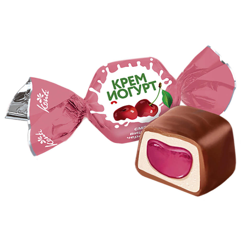 Konfekt "Konti Cream Joghurt" met vulling met kersensmaak 28,2% in cacao-vetglazuur 20%
