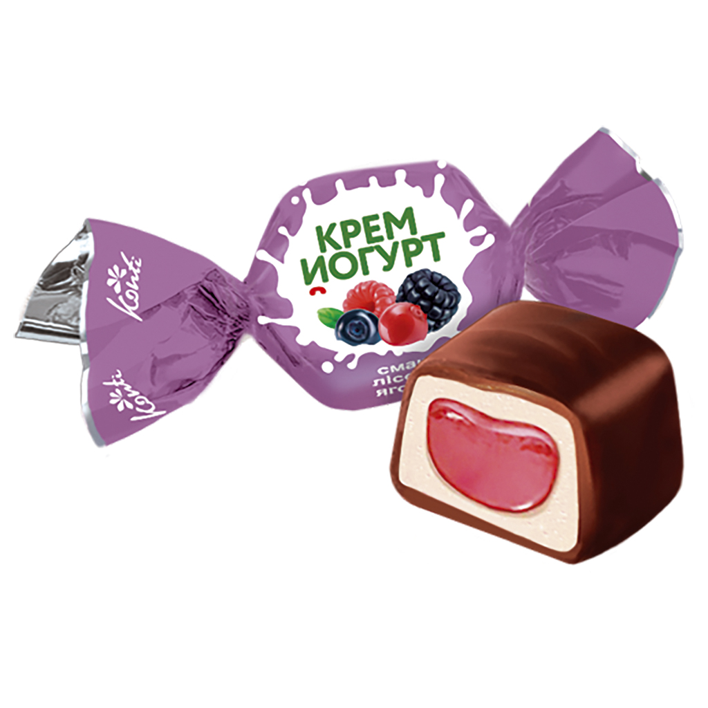 Konfekt "Konti Cream Joghurt" met vulling van bosbessen - Smaak 28,2% in cacao-vetglazuur 20%